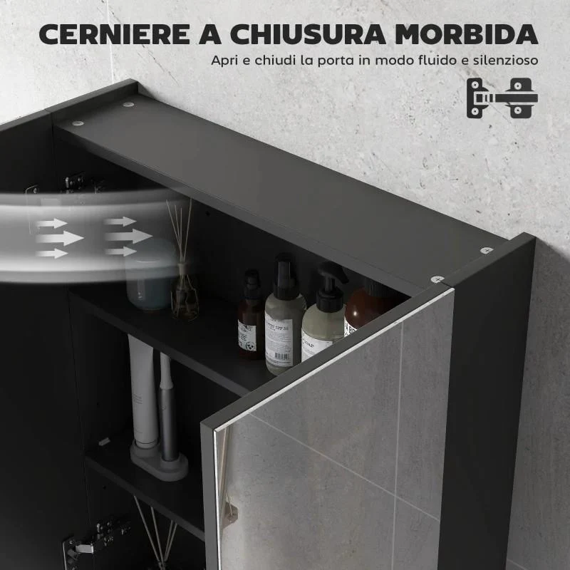 ARMADIETTO PENSILE BAGNO 2 ANTE CON SPECCHIERA E 2 RIPIANI INTERNI IN MDF, 60X15X75 CM, NERO - Image 5