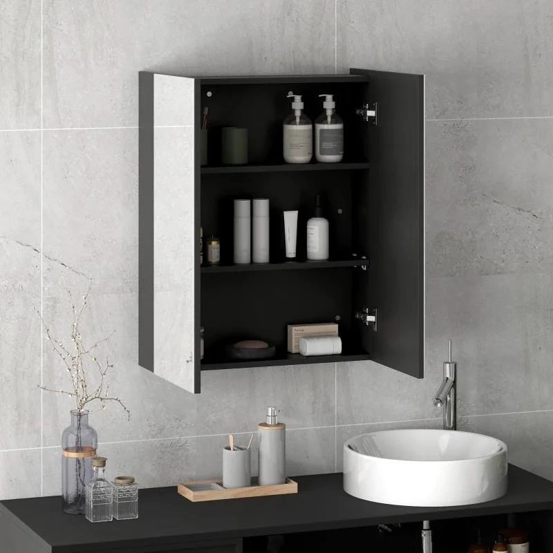 ARMADIETTO PENSILE BAGNO 2 ANTE CON SPECCHIERA E 2 RIPIANI INTERNI IN MDF, 60X15X75 CM, NERO - Image 6