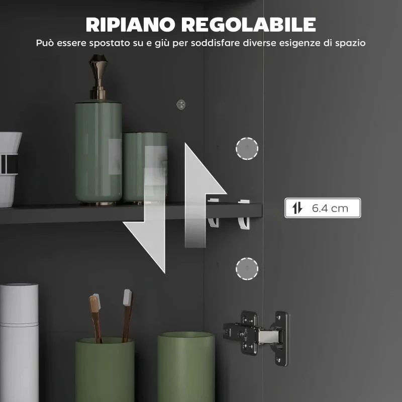 ARMADIETTO PENSILE BAGNO 2 ANTE CON SPECCHIERA E 2 RIPIANI INTERNI IN MDF, 60X15X75 CM, NERO - Image 7