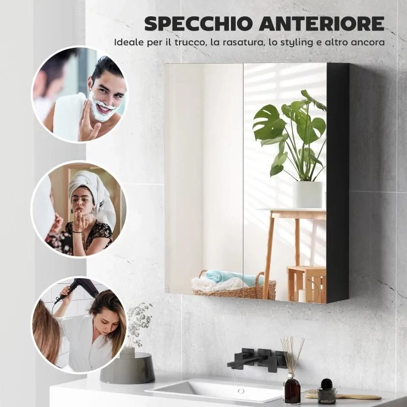 ARMADIETTO PENSILE BAGNO 2 ANTE CON SPECCHIERA E 2 RIPIANI INTERNI IN MDF, 60X15X75 CM, NERO - Image 8
