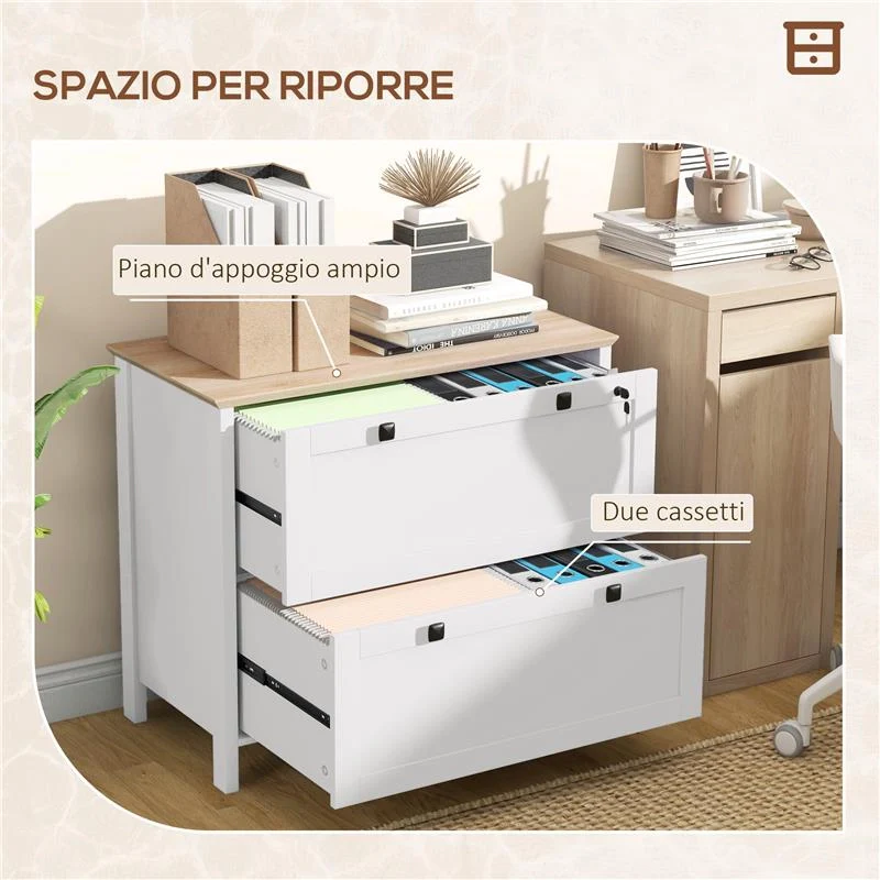 ARMADIETTO PORTADOCUMENTI CON 2 CASSETTI PER CARTELLE A4, SERRATURA E CHIAVI, 76X40X76CM, BIANCO - Image 6
