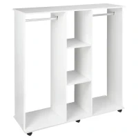 Armadio Guardaroba a Rotelle con 2 Barre e 3 Ripiani Aperti, in Legno e Alluminio, 120x40x128 cm, Bianco