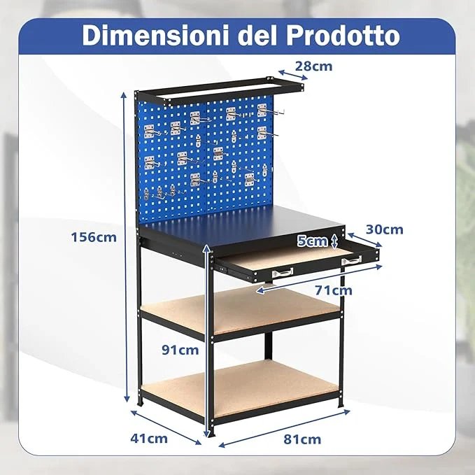 Banco da Lavoro con Piano da 80 x 40 cm, Banco da Lavoro Officina con Pannello Forato e 20 Ganci Porta Attrezzi, Tavolo da Lavoro per Garage con Cassetto e 2 Mensole (Blu) - Image 5