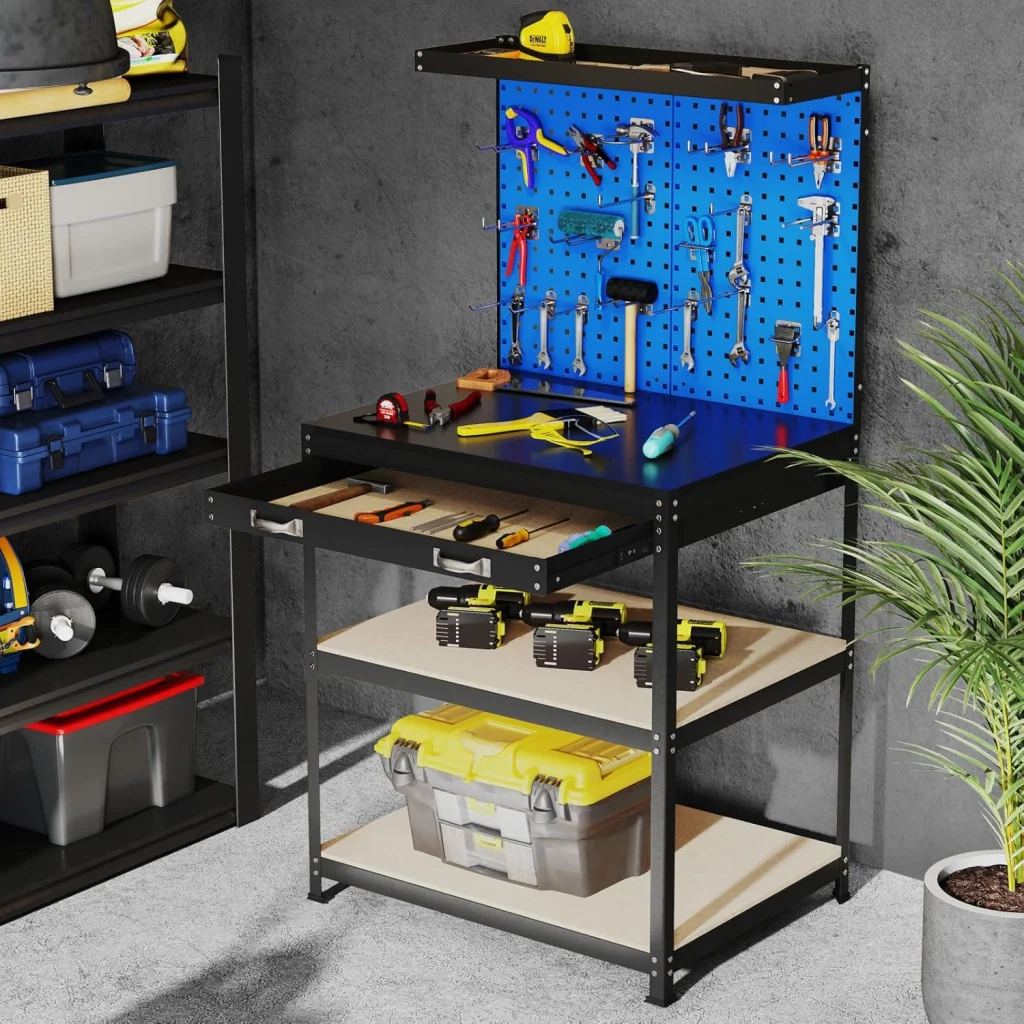Banco da Lavoro con Piano da 80 x 40 cm, Banco da Lavoro Officina con Pannello Forato e 20 Ganci Porta Attrezzi, Tavolo da Lavoro per Garage con Cassetto e 2 Mensole (Blu) - Image 8