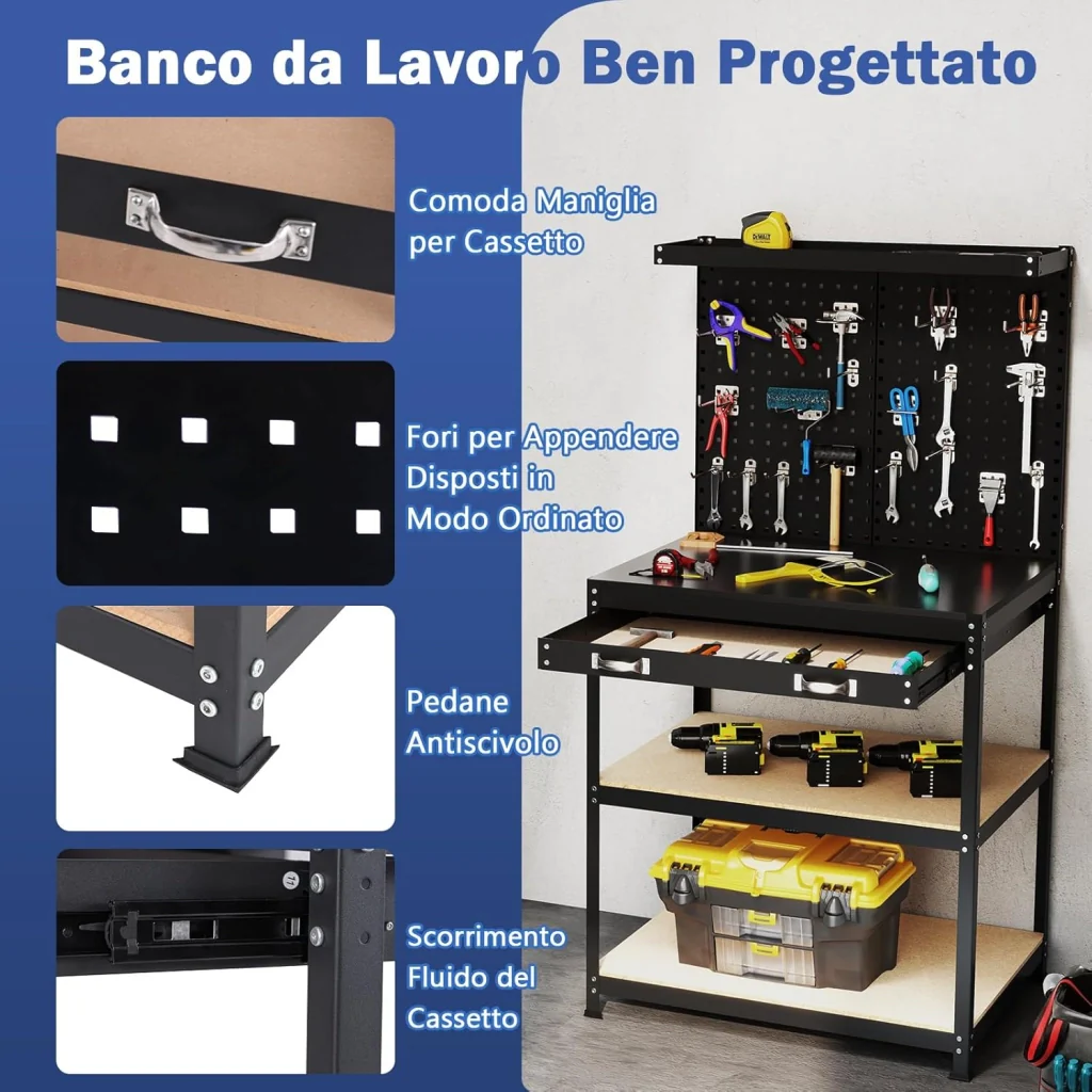 Banco da Lavoro con Piano da 80 x 40 cm, Banco da Lavoro Officina con Pannello Forato e 20 Ganci Porta Attrezzi, Tavolo da Lavoro per Garage con Cassetto e 2 Mensole (Nero) - Image 7