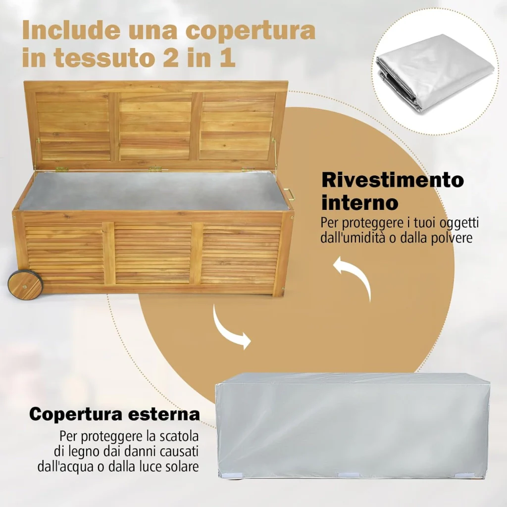 Baule da Esterno con Ruote 182 L, Contenitore da Giardino con Maniglia Laterale, Panca Contenitore in Legno, per Interni e Esterni, 127 x 50 x 45 cm - Image 3
