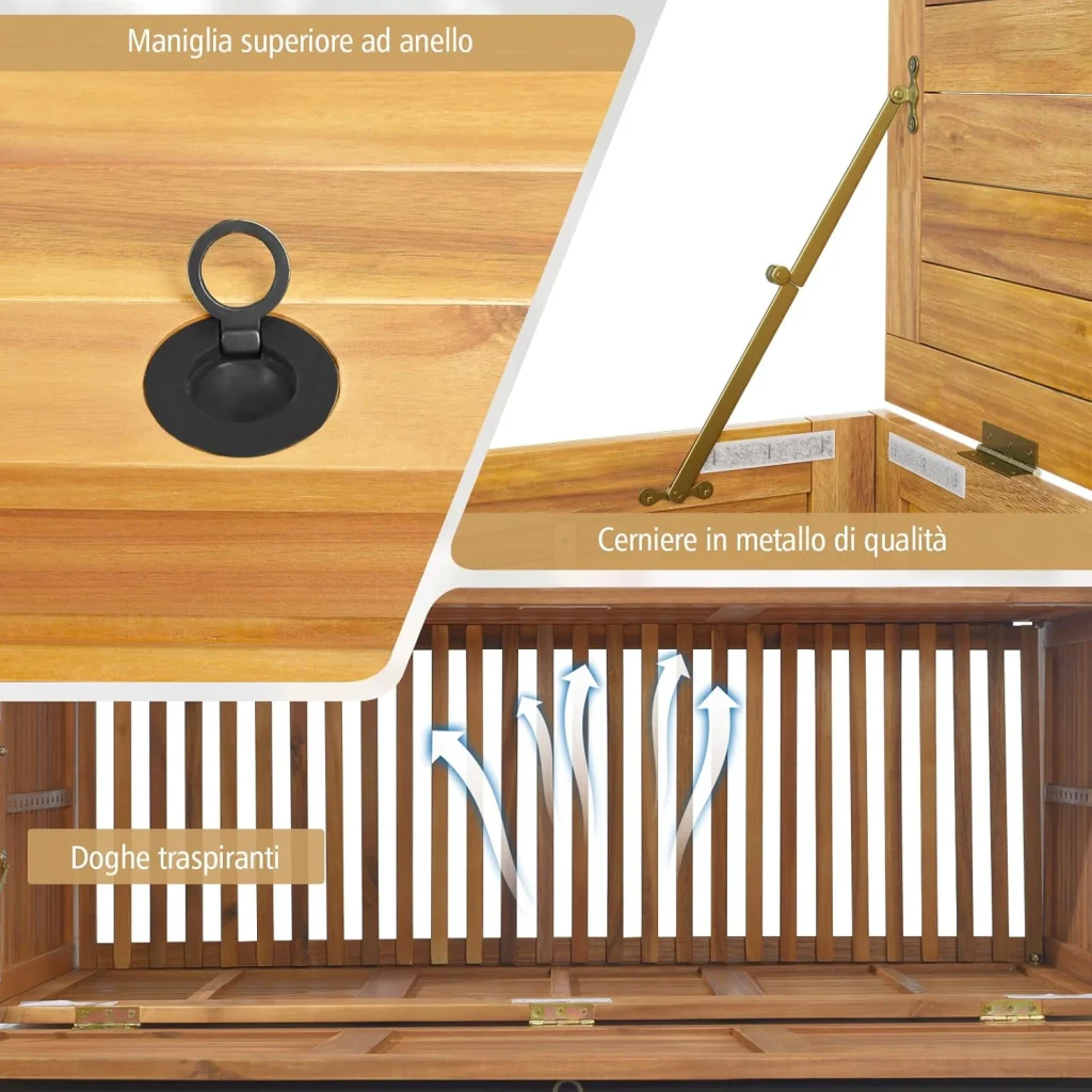 Baule da Esterno con Ruote 182 L, Contenitore da Giardino con Maniglia Laterale, Panca Contenitore in Legno, per Interni e Esterni, 127 x 50 x 45 cm - Image 4