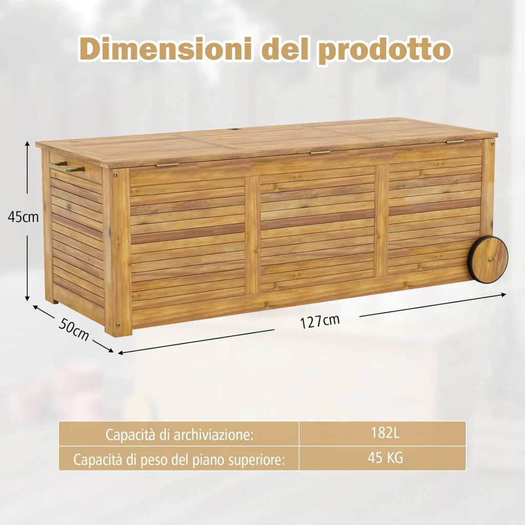Baule da Esterno con Ruote 182 L, Contenitore da Giardino con Maniglia Laterale, Panca Contenitore in Legno, per Interni e Esterni, 127 x 50 x 45 cm - Image 5