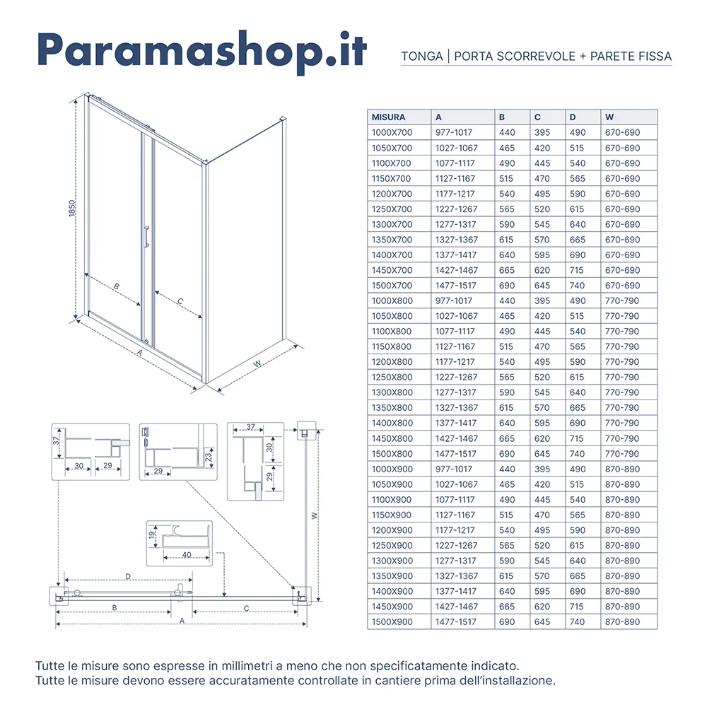 Box doccia 140x80cm scorrevole vetro temperato 6 mm stampato h185 | Tonga - Image 7
