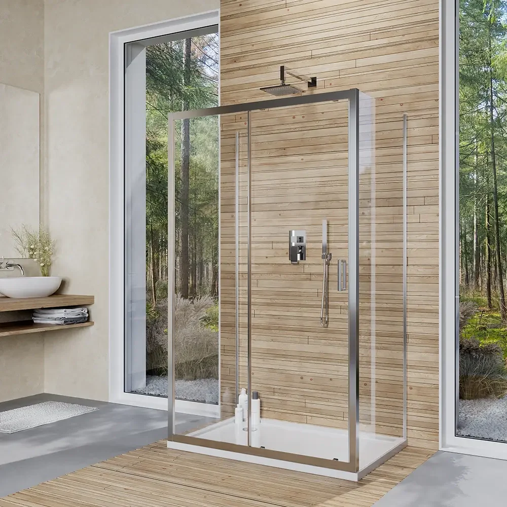 Box doccia 3 lati 90x140x90 cm con porta scorrevole e vetro temperato 6mm trasparente | Ustica