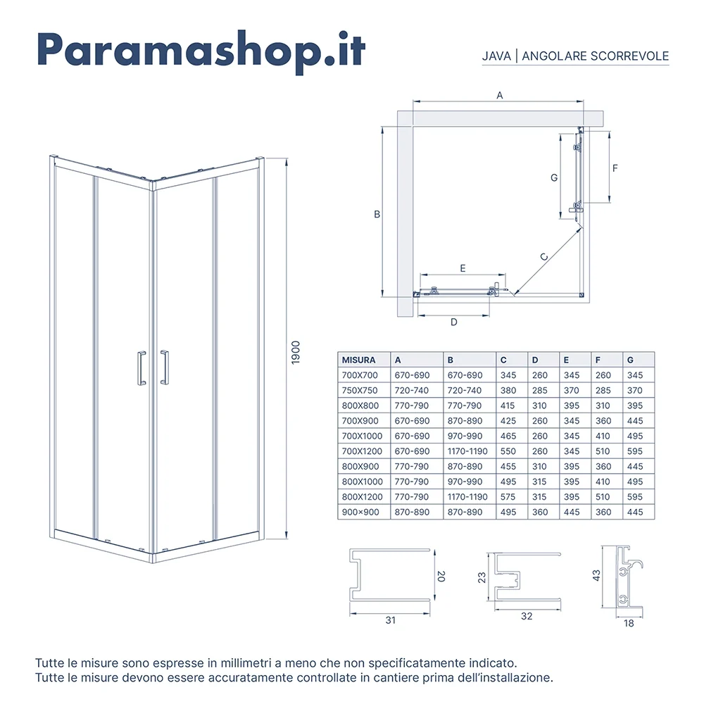 Box doccia 70x90 cm angolare scorrevole cristallo 6mm trasparente h190 | Java - Image 4