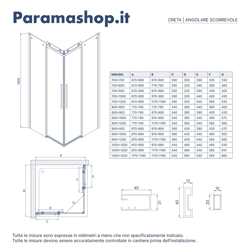 Box doccia angolare 90x90cm due ante scorrevoli  vetro 8mm trasparente profili cromati h195 | Creta - Image 6