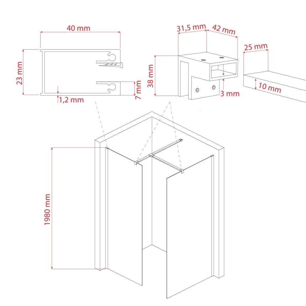 Box doccia Parete 75x130 CM 198 CM in vetro trasparente 8 MM mod. Walk in Black Corner - Image 2
