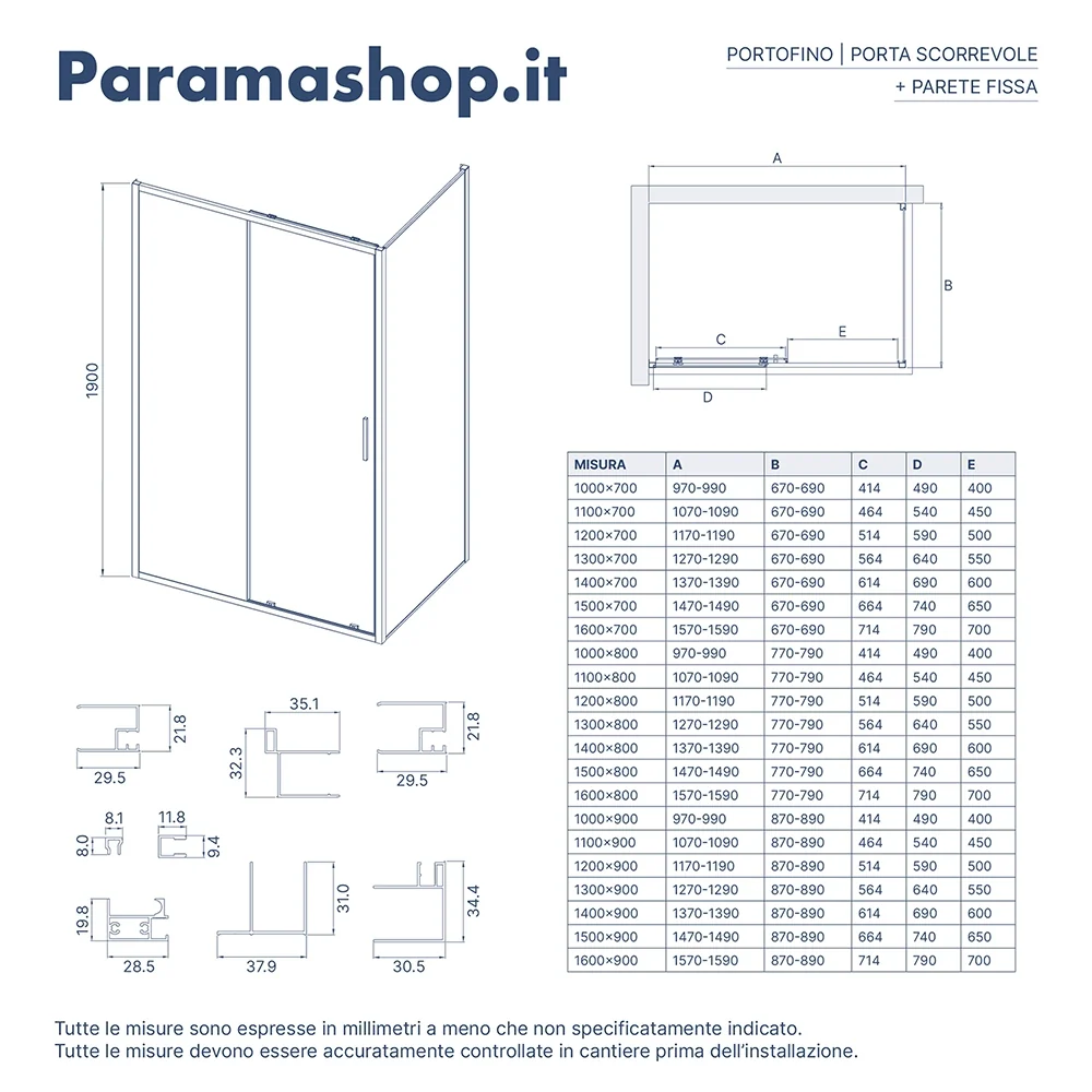 Box doccia slim 70x160cm con porta scorrevole e parete fissa profili cromati e vetro 6mm trasparente h190| Portofino - Image 8