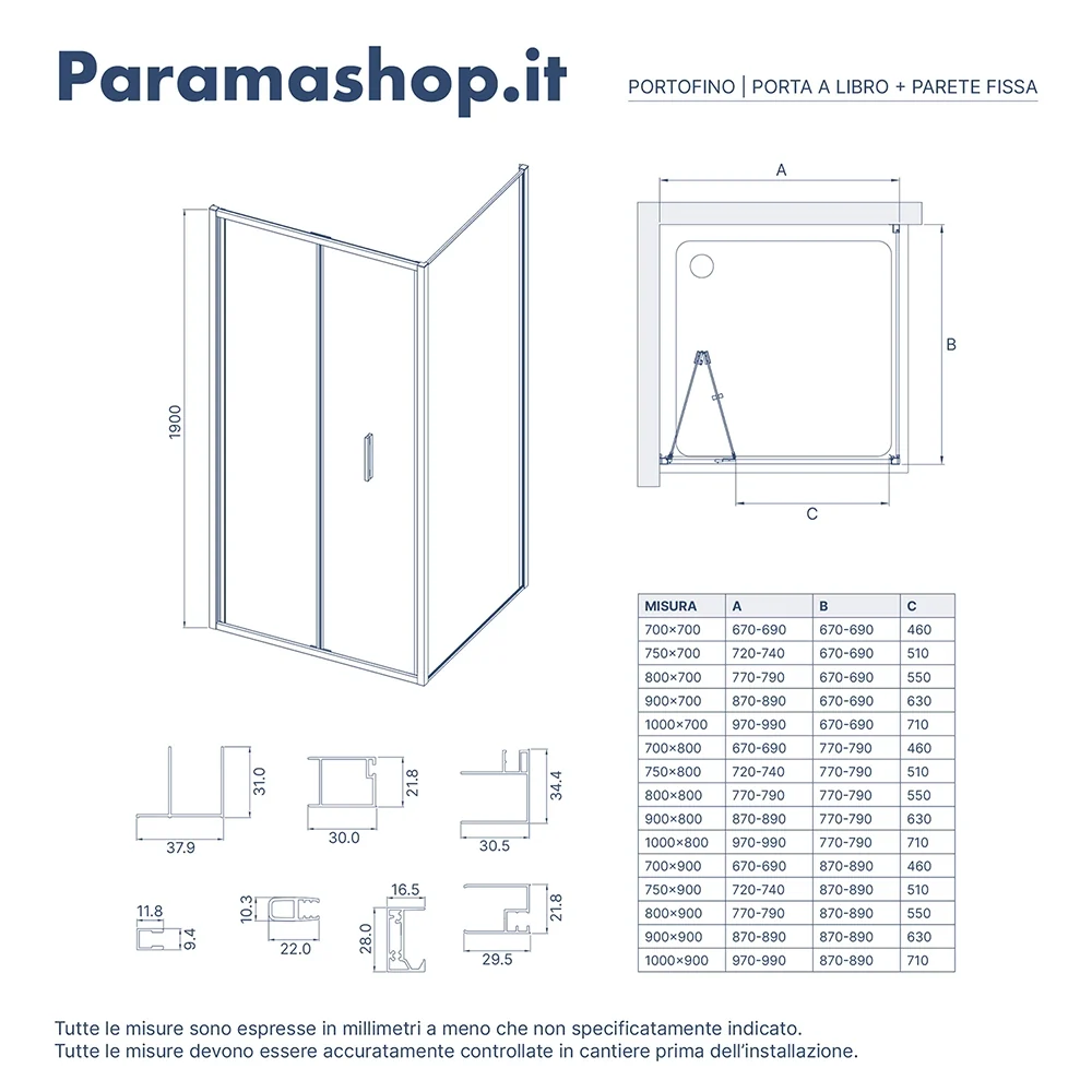 Box doccia slim 80x70cm con porta a libro e parete fissa profili cromati e vetro 6mm trasparente h190| Portofino - Image 8