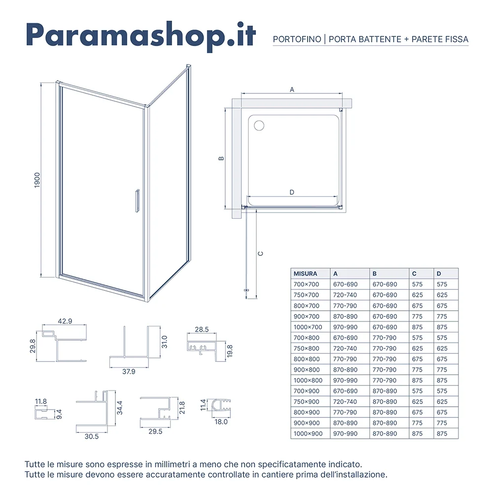 Box doccia slim 90x70cm con porta a battente e parete fissa profili cromati e vetro 6mm trasparente h190| Portofino - Image 8