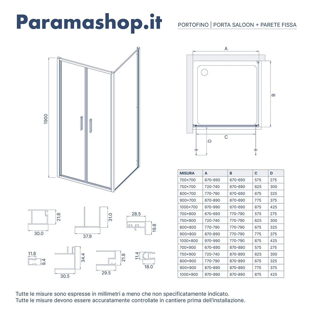 Box doccia slim 90x70cm con porta saloon e parete fissa profili cromati e vetro 6mm trasparente h190| Portofino - Image 8