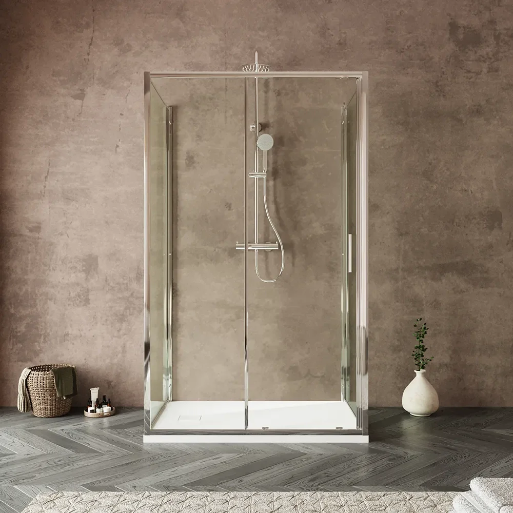 Box doccia tre lati 70x140x70cm con porta scorrevole profili cromati e vetro 6mm trasparente h190 | Portofino