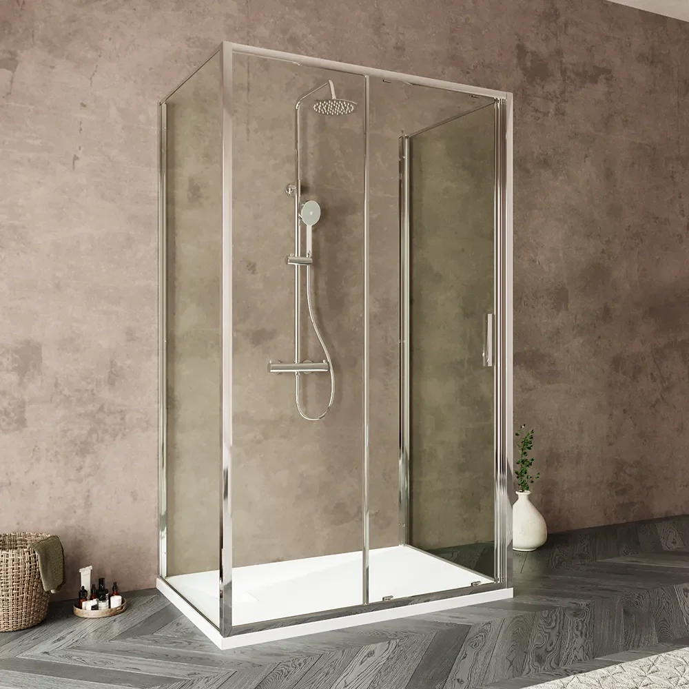 Box doccia tre lati 70x140x70cm con porta scorrevole profili cromati e vetro 6mm trasparente h190 | Portofino - Image 3