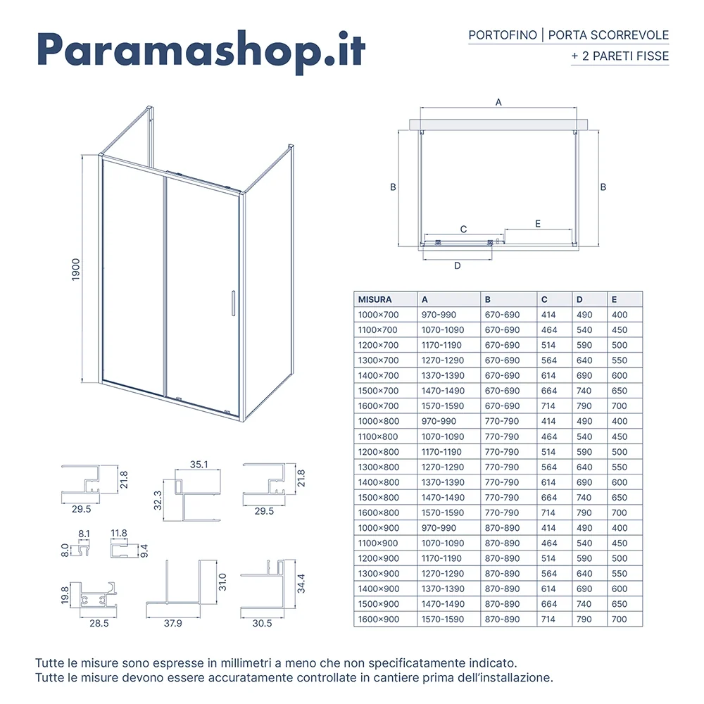Box doccia tre lati 70x140x70cm con porta scorrevole profili cromati e vetro 6mm trasparente h190 | Portofino - Image 8