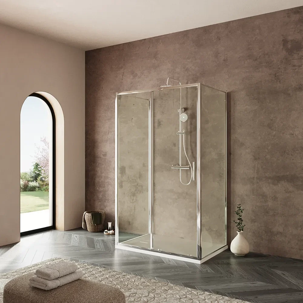 Box doccia tre lati 70x160x70cm con porta scorrevole profili cromati e vetro 6mm trasparente h190 | Portofino - Image 2