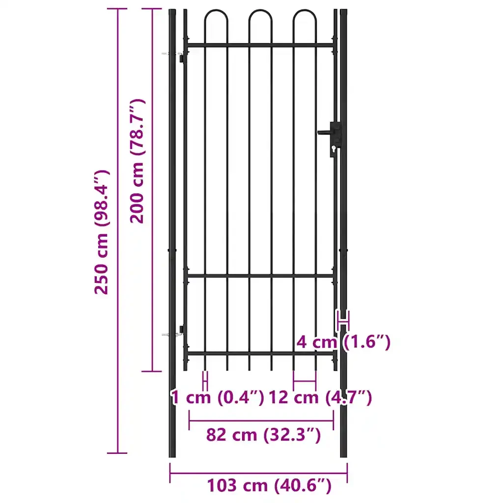 Cancello per recinzione BOXTEL porta singola con parte superiore ad arco in acciaio 1x2 m Nero 145744 - Image 7