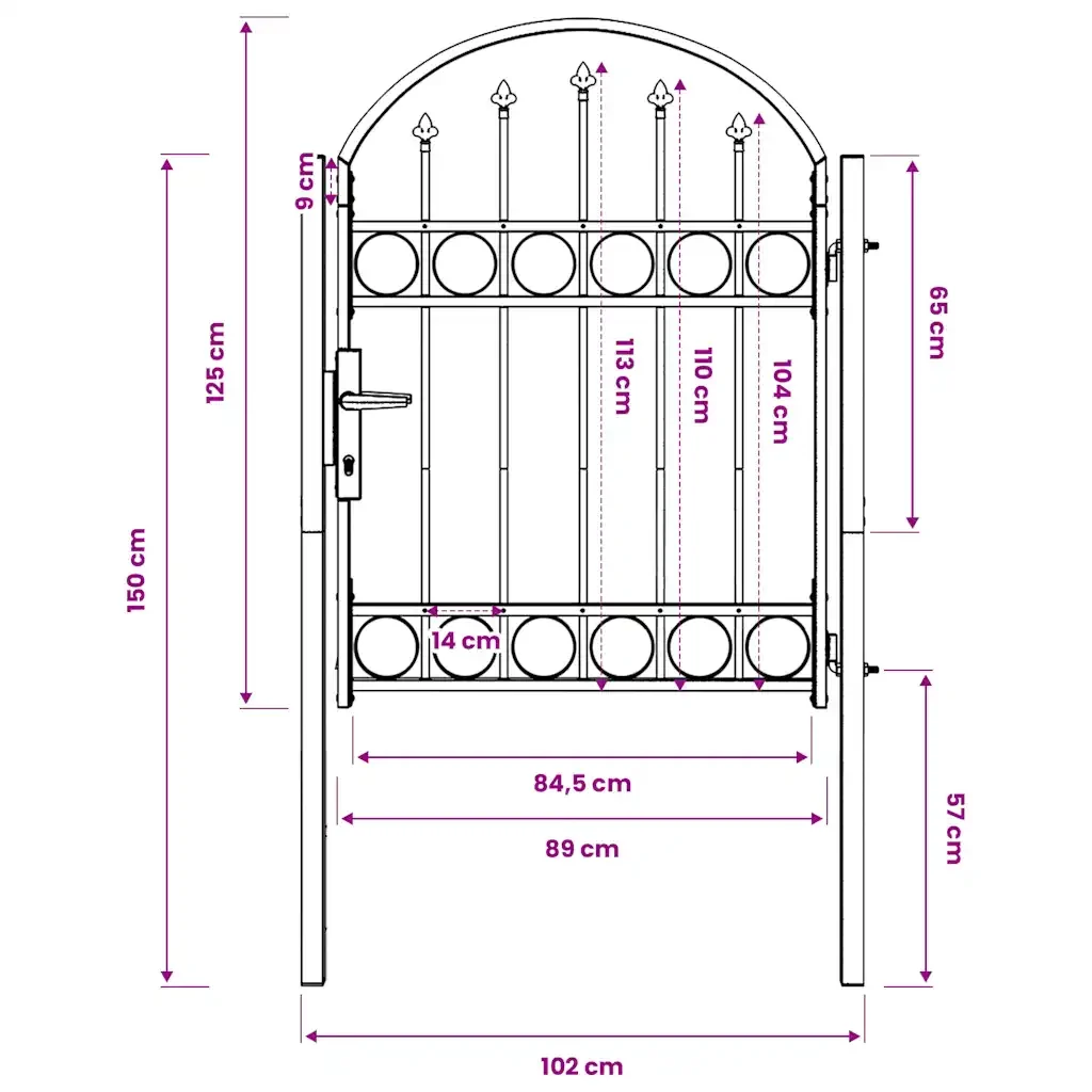 Cancello per recinzione ASSEN con parte superiore ad arco in acciaio 102x125 cm Nero 143085 - Image 7