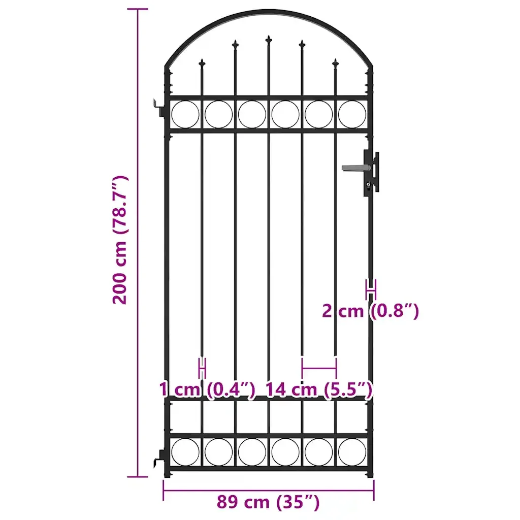 Cancello per recinzione ASSEN con parte superiore ad arco in acciaio 89x200 cm Nero 145750 - Image 8