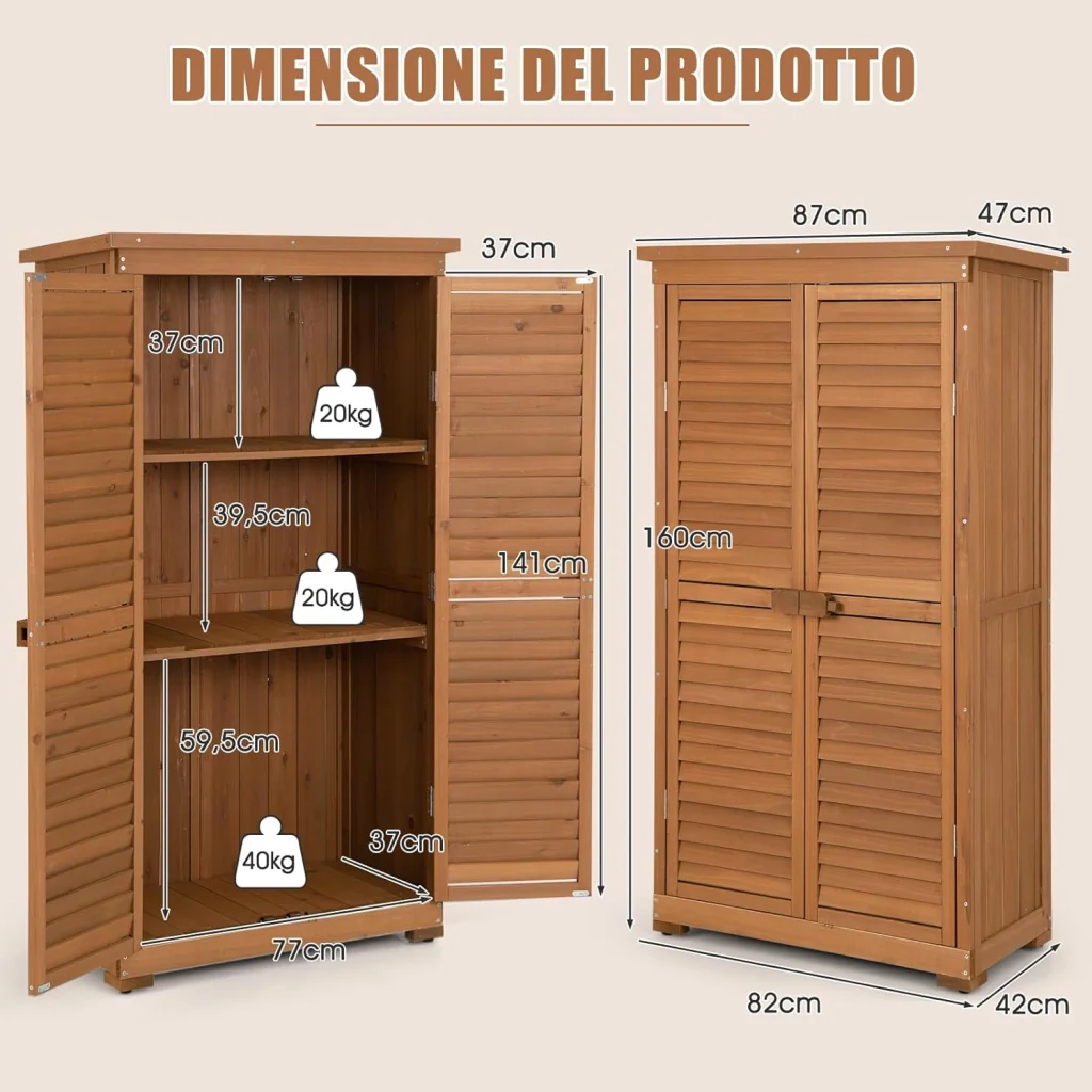 Capanni da Esterno, Armadio da Giardino in Legno Massiccio con 3 Ripiani Rimovibili, Tetto Impermeabile in Asfalto, Piedini Regolabili, Ripostiglio per Giardino, Terrazza e Cortile - Image 3