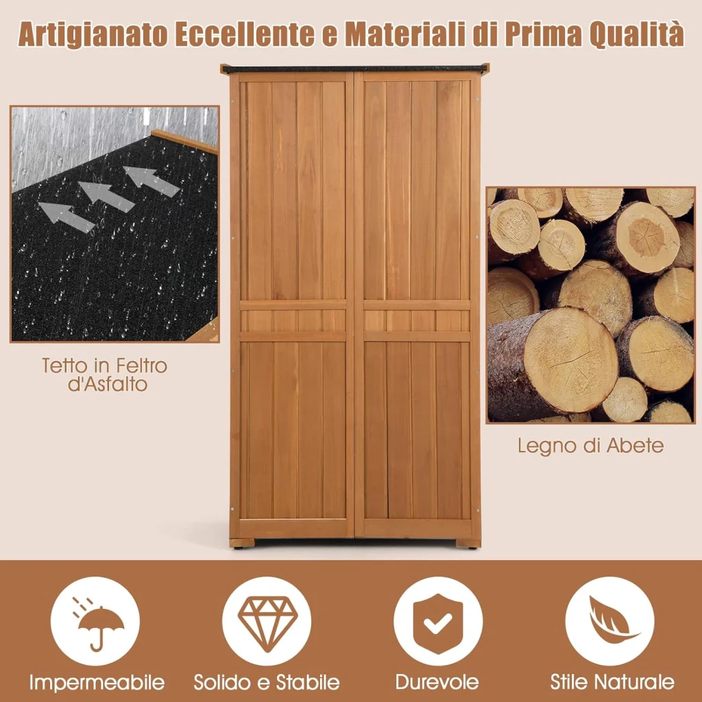 Capanni da Esterno, Armadio da Giardino in Legno Massiccio con 3 Ripiani Rimovibili, Tetto Impermeabile in Asfalto, Piedini Regolabili, Ripostiglio per Giardino, Terrazza e Cortile - Image 4