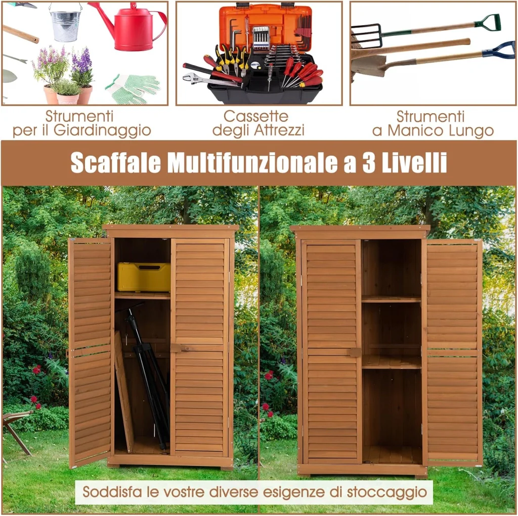 Capanni da Esterno, Armadio da Giardino in Legno Massiccio con 3 Ripiani Rimovibili, Tetto Impermeabile in Asfalto, Piedini Regolabili, Ripostiglio per Giardino, Terrazza e Cortile - Image 5