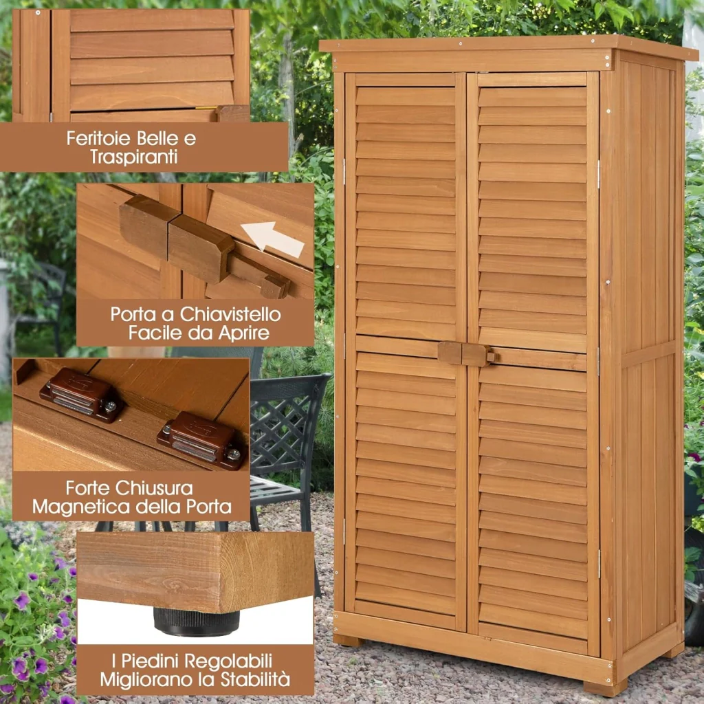 Capanni da Esterno, Armadio da Giardino in Legno Massiccio con 3 Ripiani Rimovibili, Tetto Impermeabile in Asfalto, Piedini Regolabili, Ripostiglio per Giardino, Terrazza e Cortile - Image 6