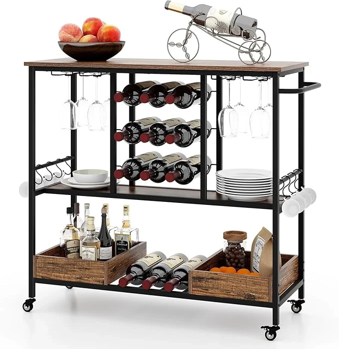 Carrello Bar a 3 Livelli, Carrello Portabevande con Portabicchieri, Portabottiglie, 8 Ganci e 2 Scatole Portaoggetti, Carrello di Vino per Cucina, Sala da Pranzo e Soggiorno