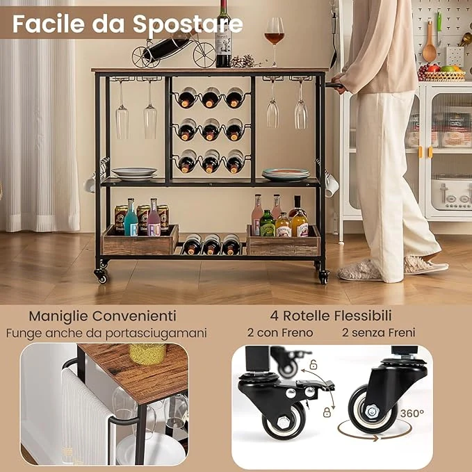 Carrello Bar a 3 Livelli, Carrello Portabevande con Portabicchieri, Portabottiglie, 8 Ganci e 2 Scatole Portaoggetti, Carrello di Vino per Cucina, Sala da Pranzo e Soggiorno - Image 2