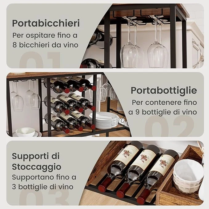 Carrello Bar a 3 Livelli, Carrello Portabevande con Portabicchieri, Portabottiglie, 8 Ganci e 2 Scatole Portaoggetti, Carrello di Vino per Cucina, Sala da Pranzo e Soggiorno - Image 3
