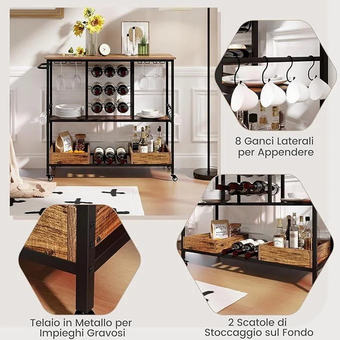 Carrello Bar a 3 Livelli, Carrello Portabevande con Portabicchieri, Portabottiglie, 8 Ganci e 2 Scatole Portaoggetti, Carrello di Vino per Cucina, Sala da Pranzo e Soggiorno - Image 4