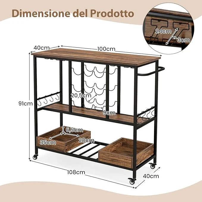 Carrello Bar a 3 Livelli, Carrello Portabevande con Portabicchieri, Portabottiglie, 8 Ganci e 2 Scatole Portaoggetti, Carrello di Vino per Cucina, Sala da Pranzo e Soggiorno - Image 5