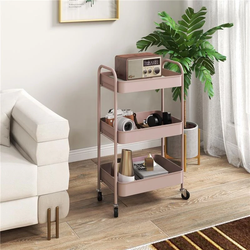 CARRELLO DA CUCINA A 3 LIVELLI CON MANIGLIE E 4 ROTELLE IN ACCIAIO 45X30.6X79 CM ROSA - Image 6