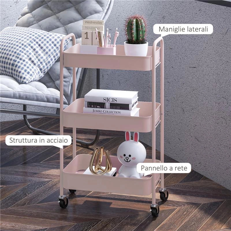 CARRELLO DA CUCINA A 3 LIVELLI CON MANIGLIE E 4 ROTELLE IN ACCIAIO 45X30.6X79 CM ROSA - Image 7