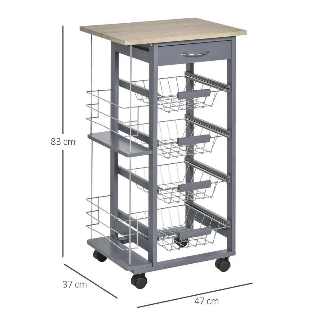 CARRELLO DA CUCINA CON CASSETTO E 4 CESTELLI METALLICI 47X37X83 CM GRIGIO SCURO - Image 2