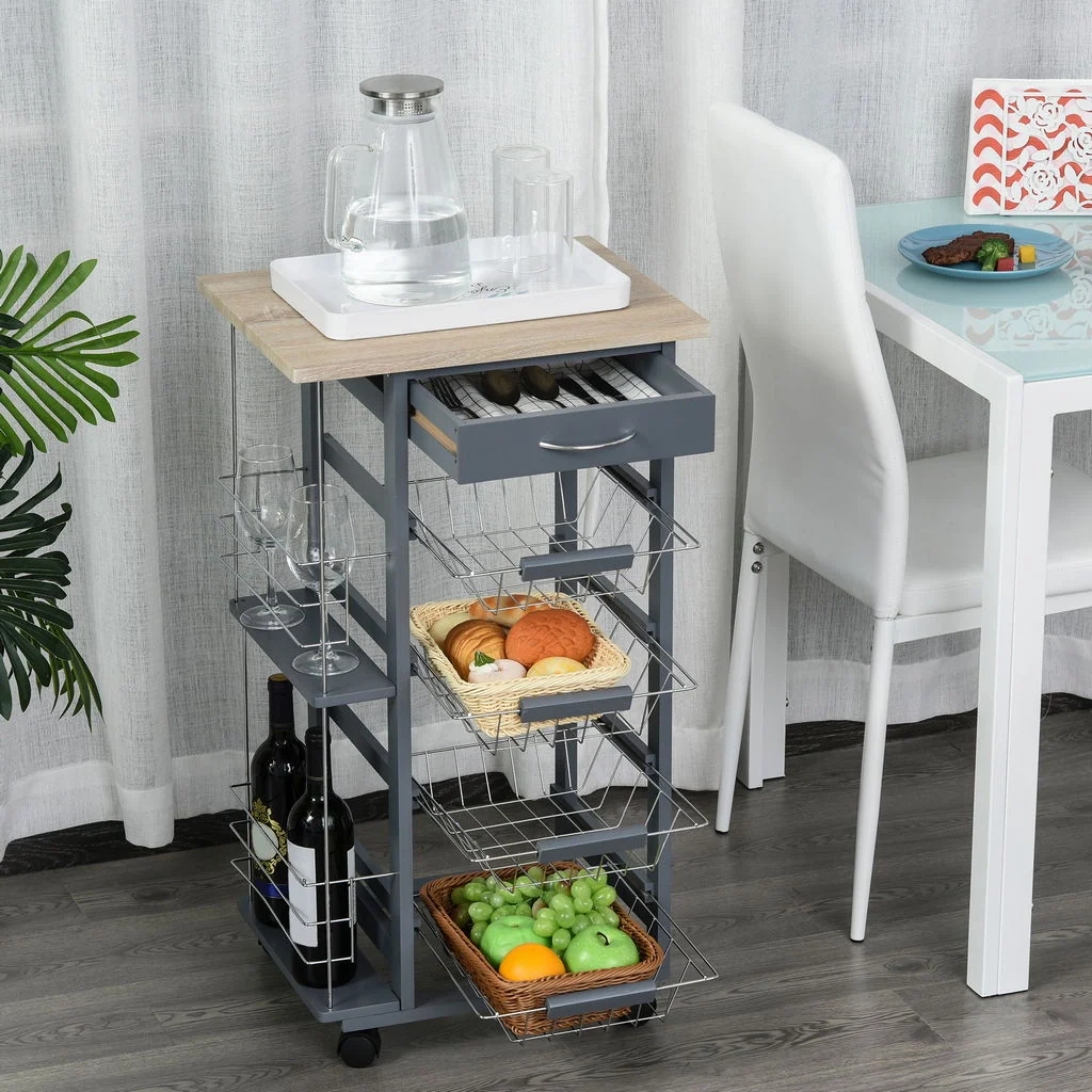CARRELLO DA CUCINA CON CASSETTO E 4 CESTELLI METALLICI 47X37X83 CM GRIGIO SCURO - Image 3