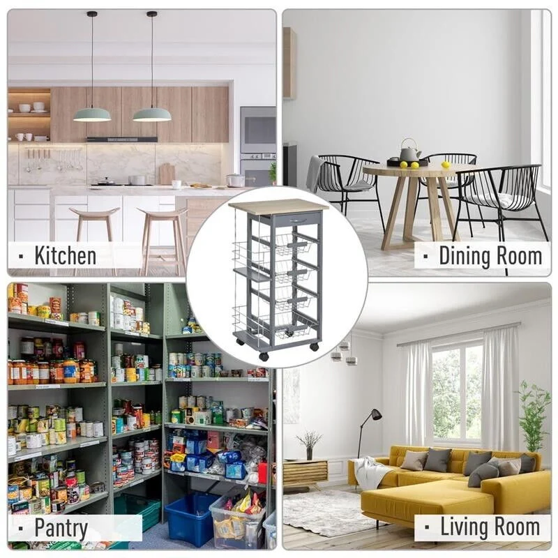 CARRELLO DA CUCINA CON CASSETTO E 4 CESTELLI METALLICI 47X37X83 CM GRIGIO SCURO - Image 5