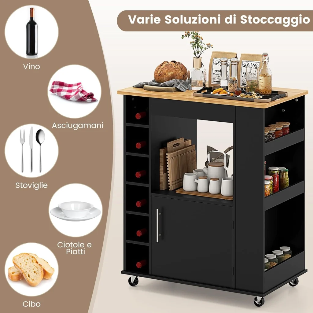 Carrello da Cucina con Ruote, Isola da Cucina con Scomparti Portabottiglie a 6 Scomparti, Portaspezie e Portasciugamani, 76x44x89 cm (Nero) - Image 2