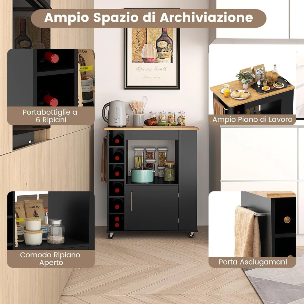 Carrello da Cucina con Ruote, Isola da Cucina con Scomparti Portabottiglie a 6 Scomparti, Portaspezie e Portasciugamani, 76x44x89 cm (Nero) - Image 3