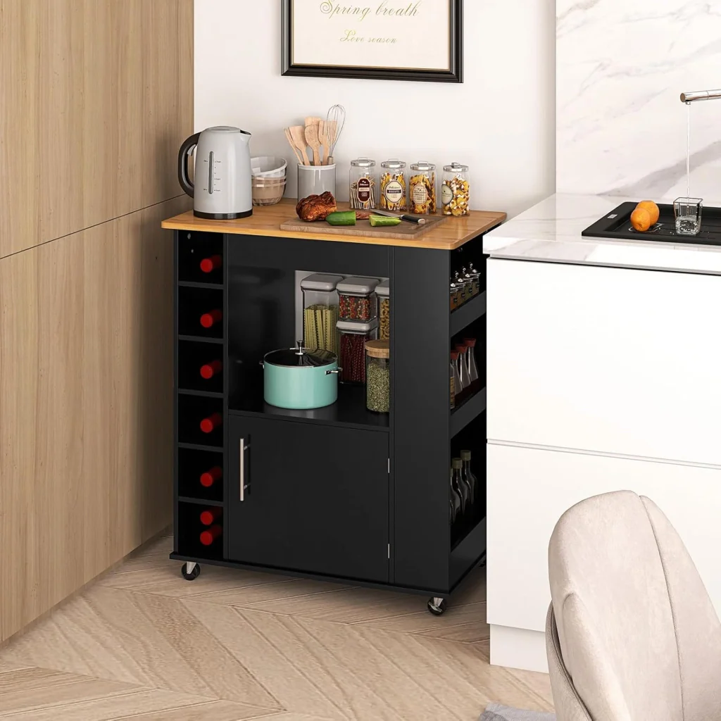 Carrello da Cucina con Ruote, Isola da Cucina con Scomparti Portabottiglie a 6 Scomparti, Portaspezie e Portasciugamani, 76x44x89 cm (Nero) - Image 4