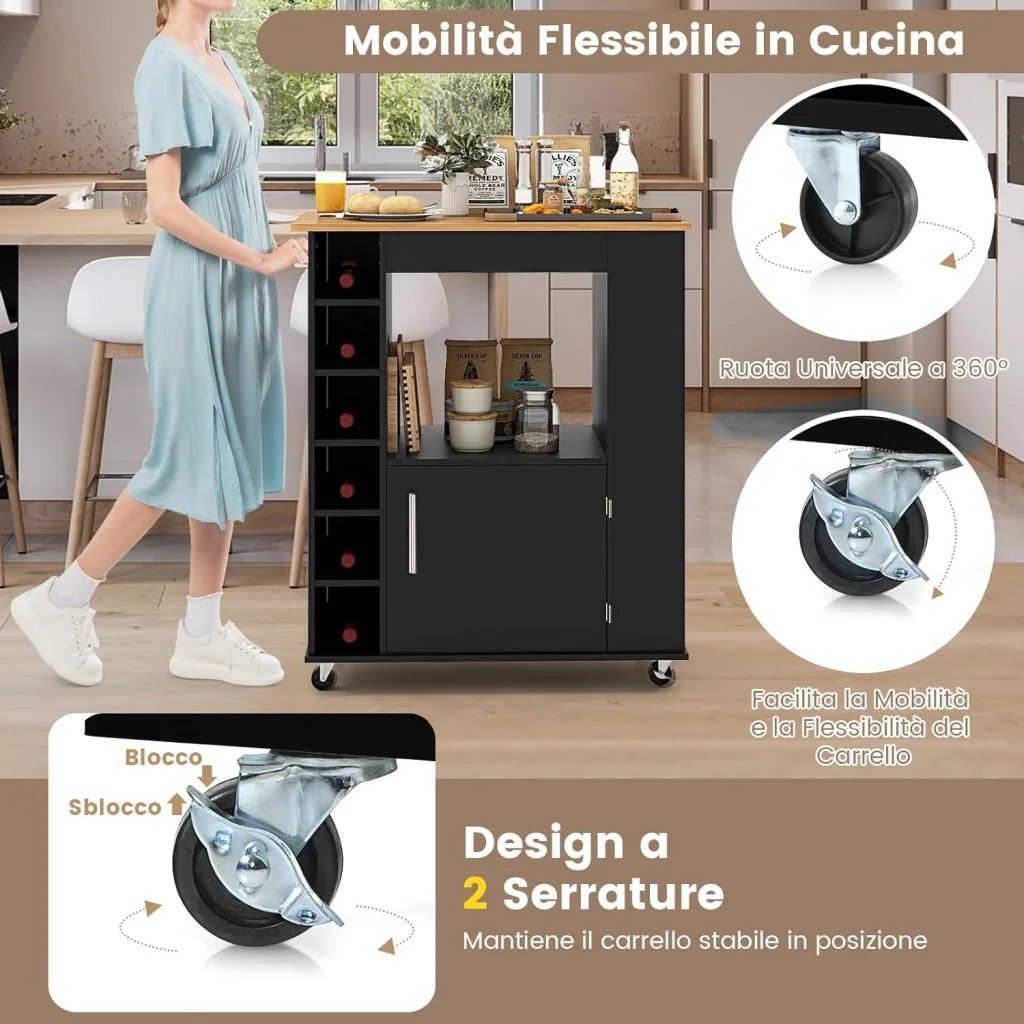 Carrello da Cucina con Ruote, Isola da Cucina con Scomparti Portabottiglie a 6 Scomparti, Portaspezie e Portasciugamani, 76x44x89 cm (Nero) - Image 5