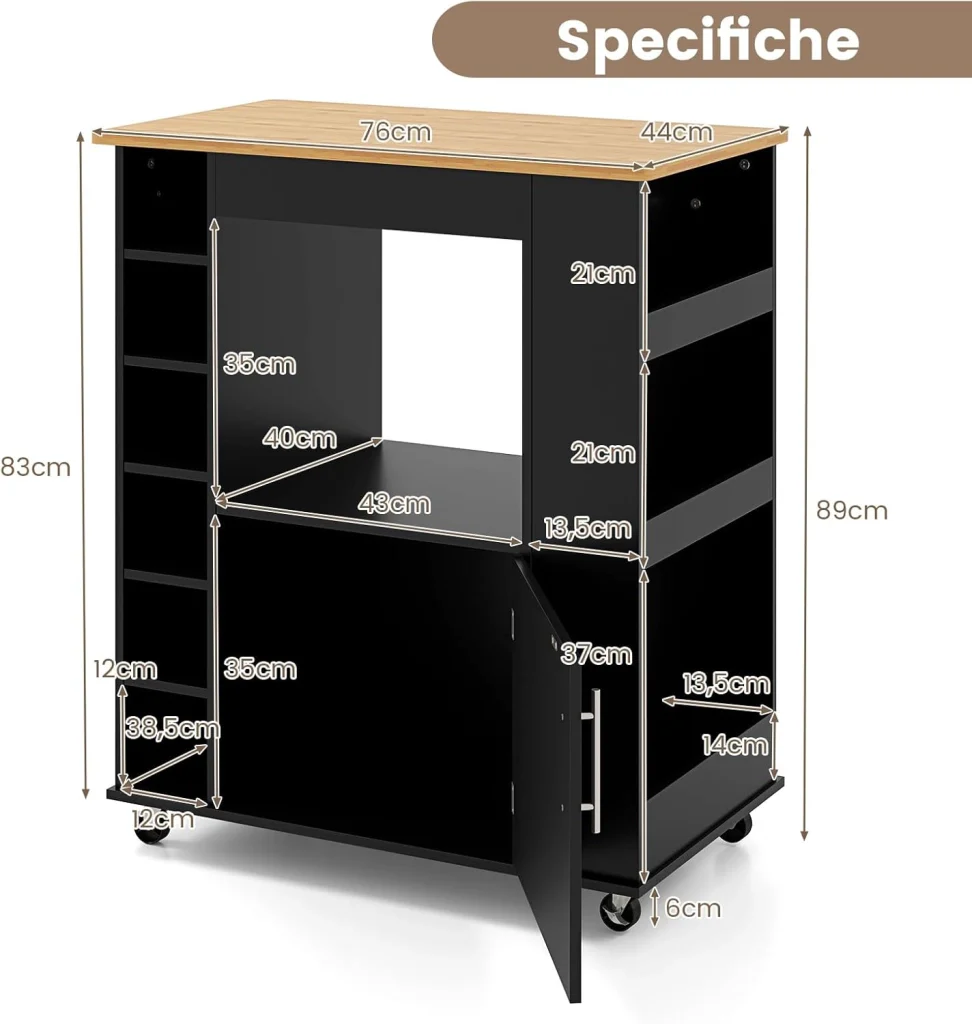 Carrello da Cucina con Ruote, Isola da Cucina con Scomparti Portabottiglie a 6 Scomparti, Portaspezie e Portasciugamani, 76x44x89 cm (Nero) - Image 6