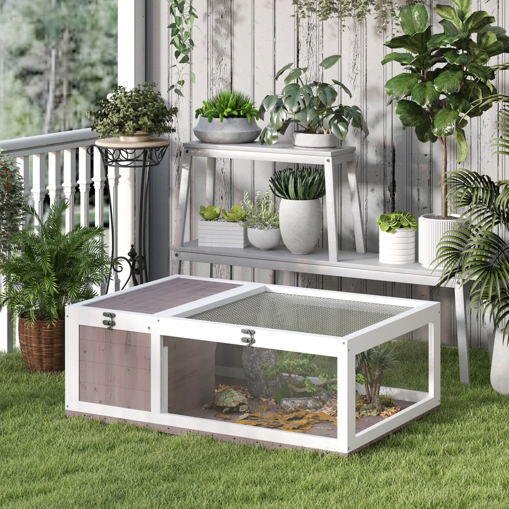 Casa per Tartarughe di Terra Terrario 91x60,5x32A cm con Pannello Apribile e 2 Spazi Separati in Legno di Abete Marrone - Image 2