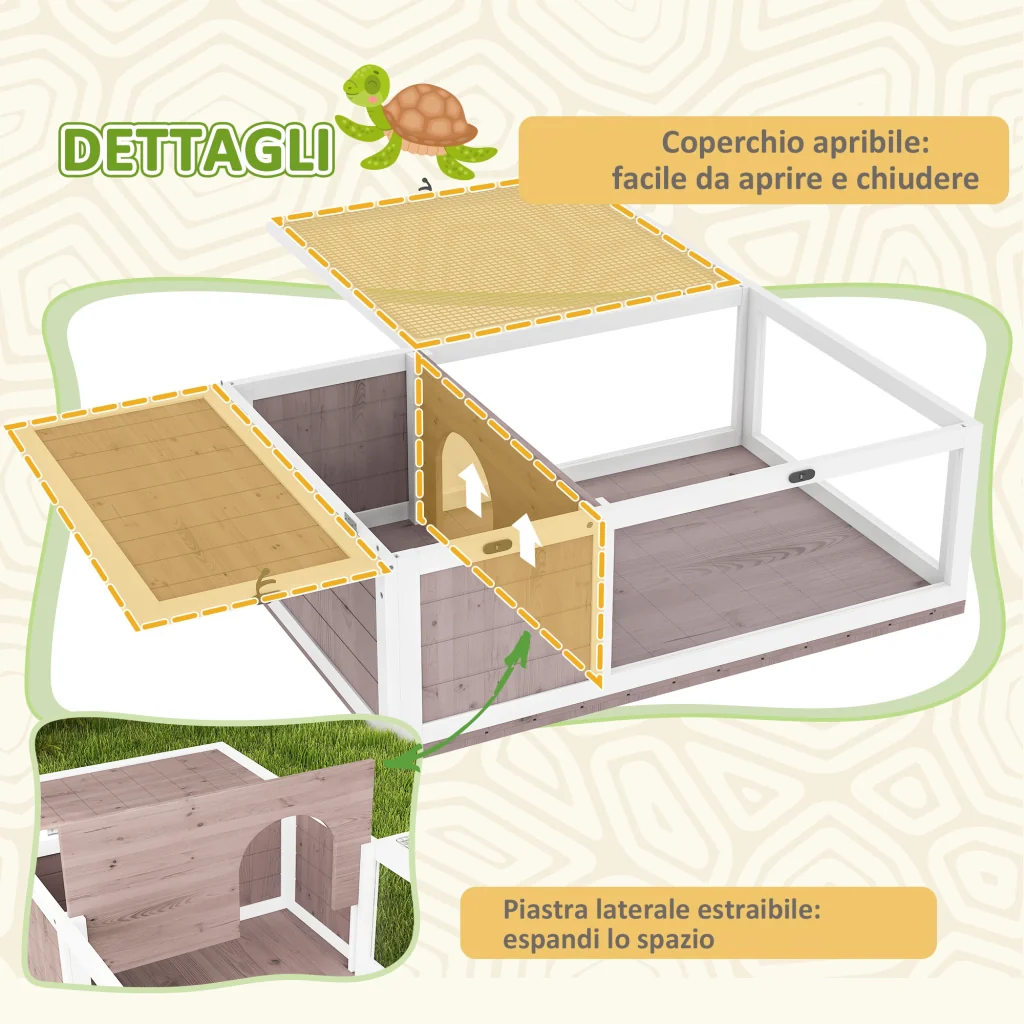 Casa per Tartarughe di Terra Terrario 91x60,5x32A cm con Pannello Apribile e 2 Spazi Separati in Legno di Abete Marrone - Image 5