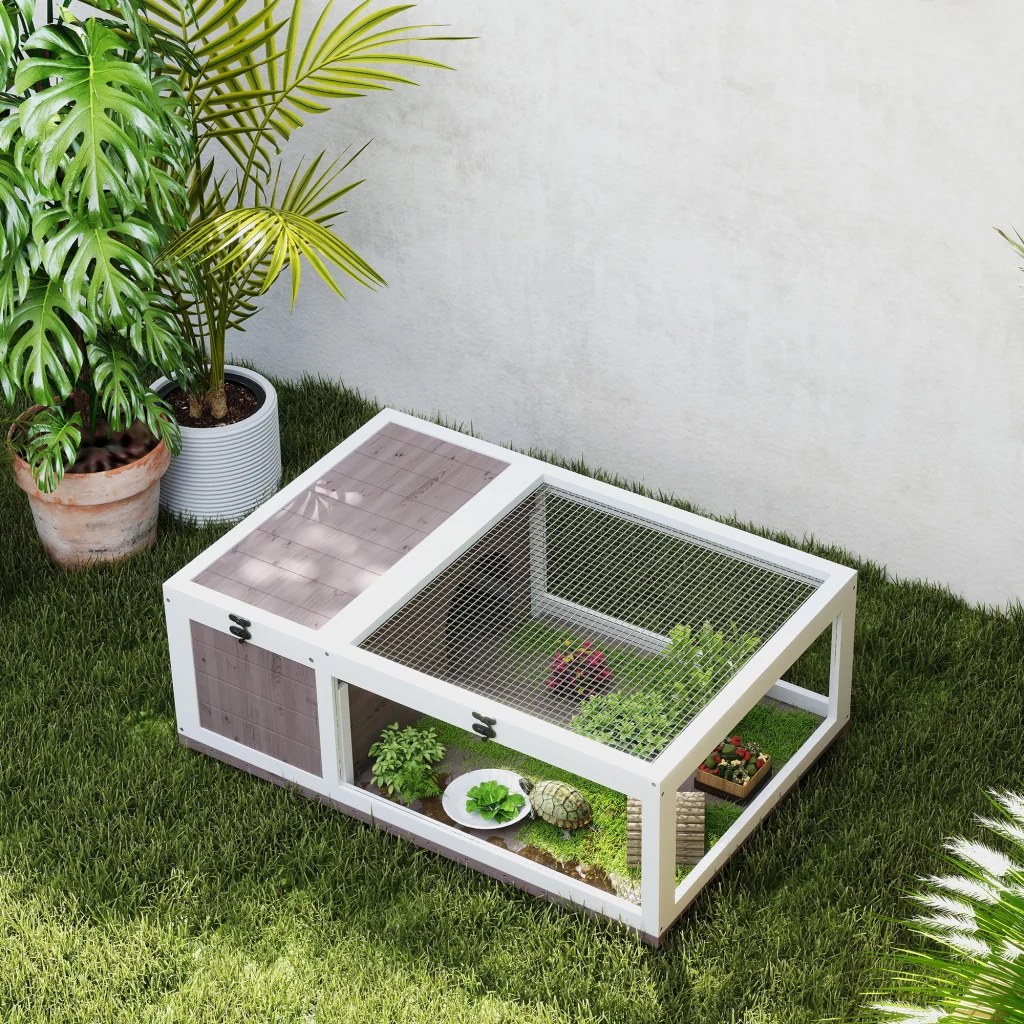 Casa per Tartarughe di Terra Terrario 91x60,5x32A cm con Pannello Apribile e 2 Spazi Separati in Legno di Abete Marrone - Image 8